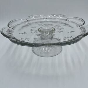 Vintage Pedestal Cake Stand Pressed Floral Design With Scalloped Edge Cottage